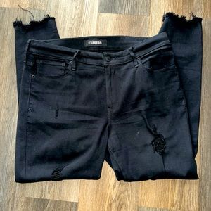 Express Black Denim Mid Rise Ankle Ripped Raw Hem Women's Skinny Jeans Sz 14R